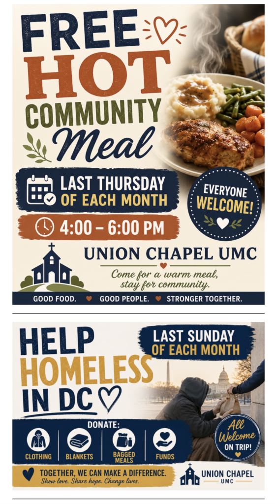 Free Community Hot Meal on the last Thursday of each month, and Help the Homeless in DC on the last Sunday