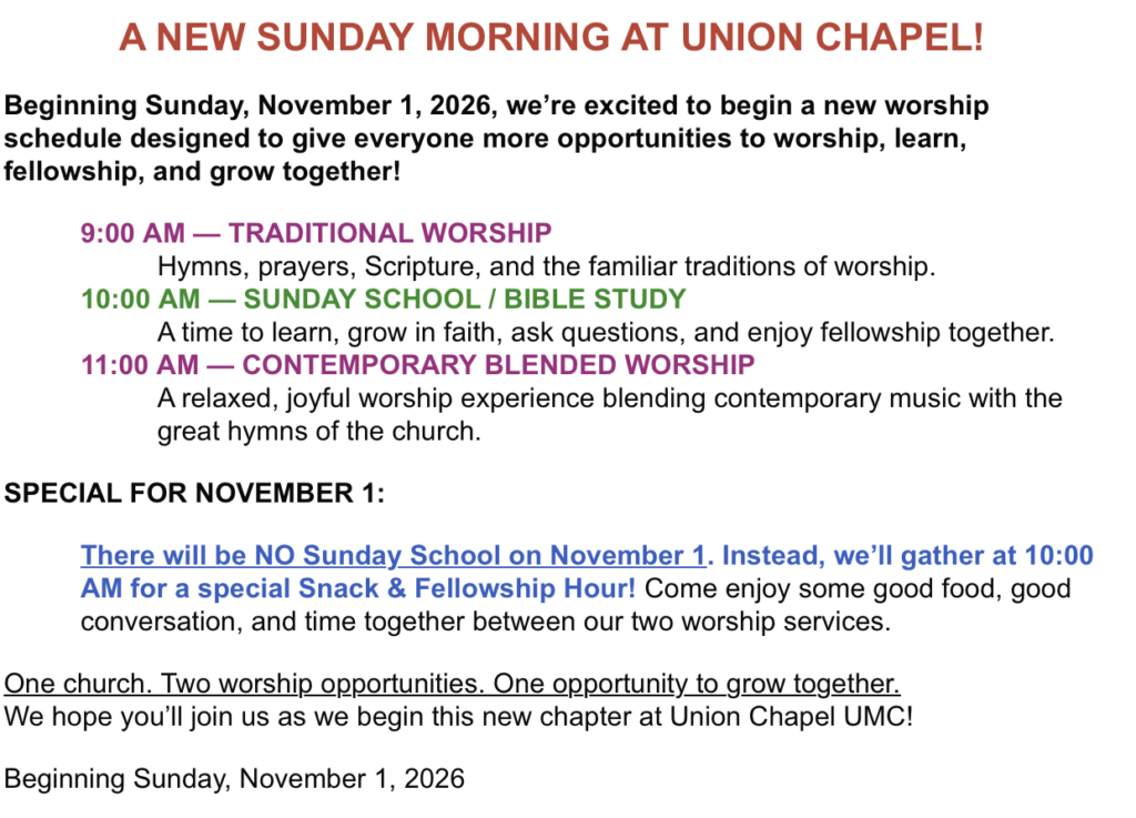 A new Sunday morning at Union Chapel, starting November 1, 2026