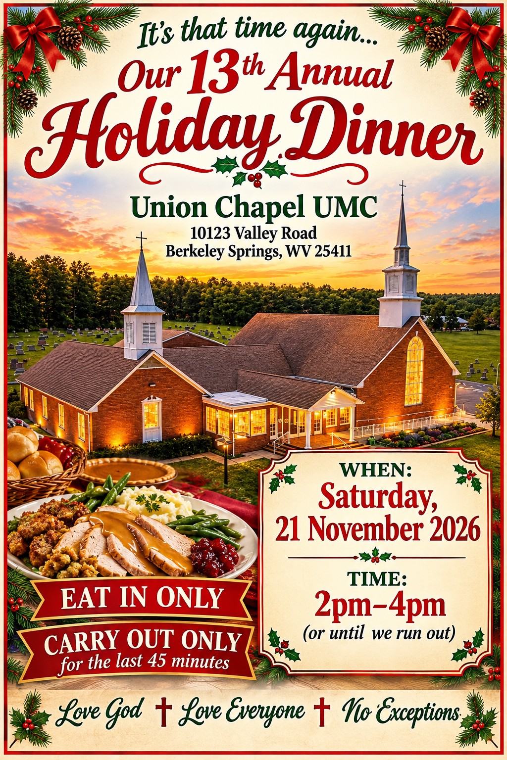 Flyer for Union Chapel UMC's 13th Annual Holiday Dinner, Saturday, November 21, 2026, 2–4 PM, 10123 Valley Road, Berkeley Springs, WV