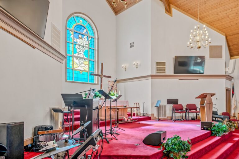 Lounge with stained-glass window