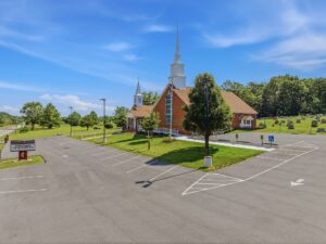 Church across the parking lot